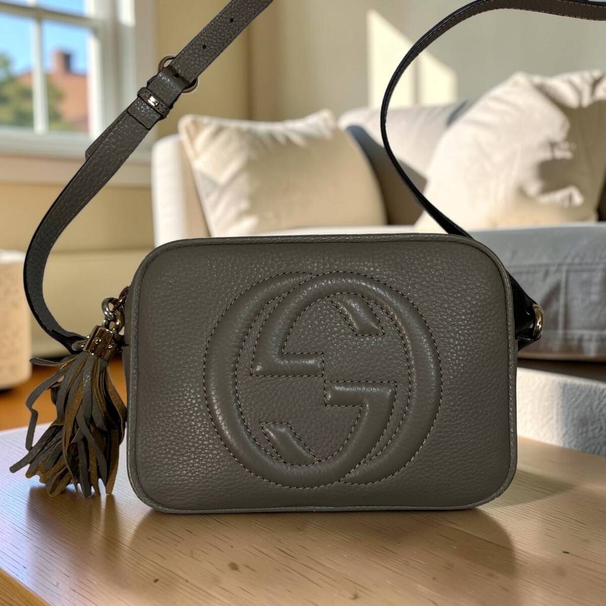 【1円】グッチ GUCCI ソーホー スモールディスコバッグ インターロッキング GG ロゴ カーフレザー シボ エンボス加工 グレージュ KG-80-G拍卖