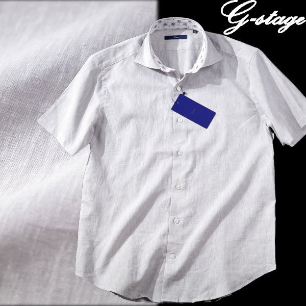 新品1円~★g-stage ジーステージ メンズ 春夏 綿麻 コットンリネン シャンブレー 半袖シャツ 50 XL グレージュ ワイドカラー本物 ◆5704◆拍卖