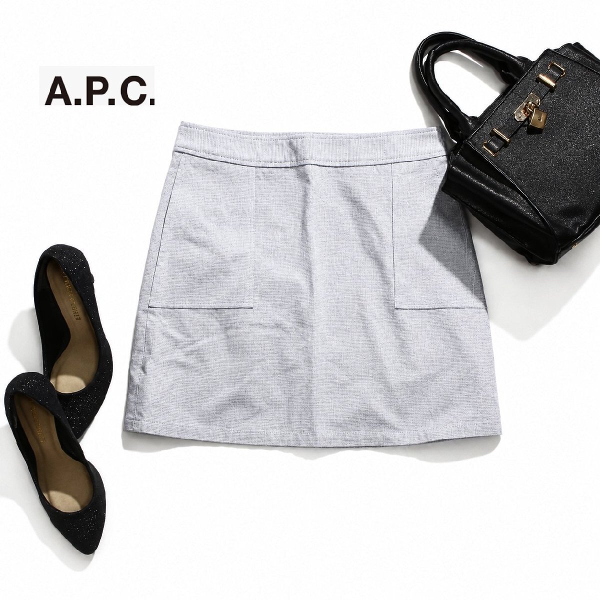 美品 A.P.C. アーペーセー 春 夏 ラメ コットン ミニスカート パッチポケット XS 綿混 Aライン シンプル フレンチカジュアル スカート 水色拍卖