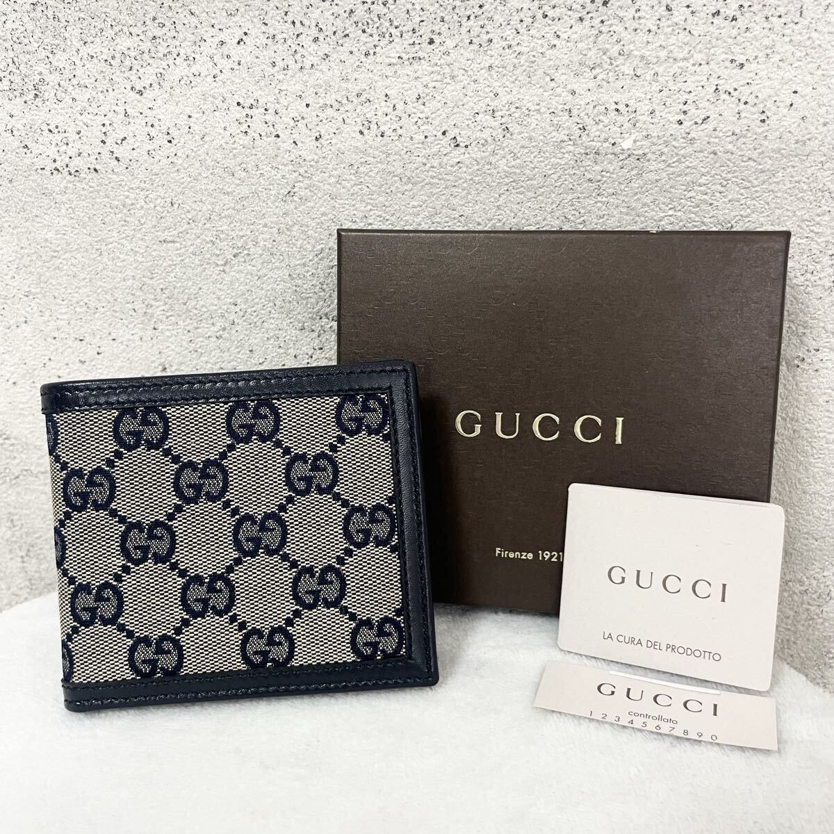 【新品未使用品】GUCCI グッチ 折財布 カードケース お札ケース GG インターロッキング キャンバス レザー ネイビー ブラウン拍卖