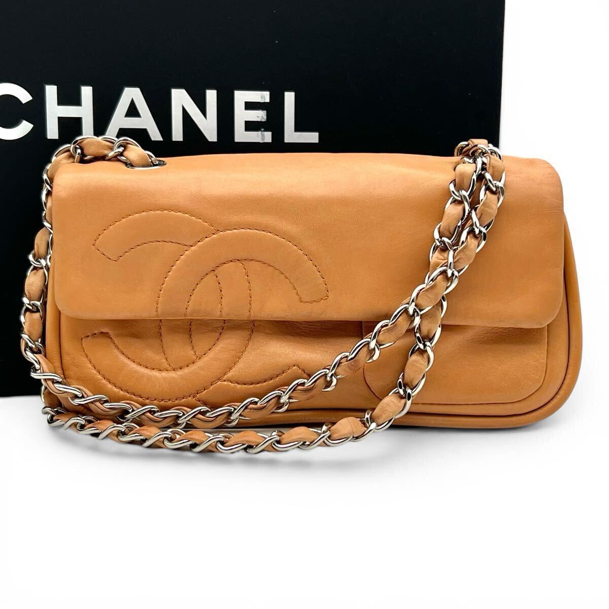 CHANEL シャネル ココマーク ダブルチェーン チェーンショルダー ラムスキン ピンクベージュ デカココ 11番台 シール・ギャランティカード拍卖
