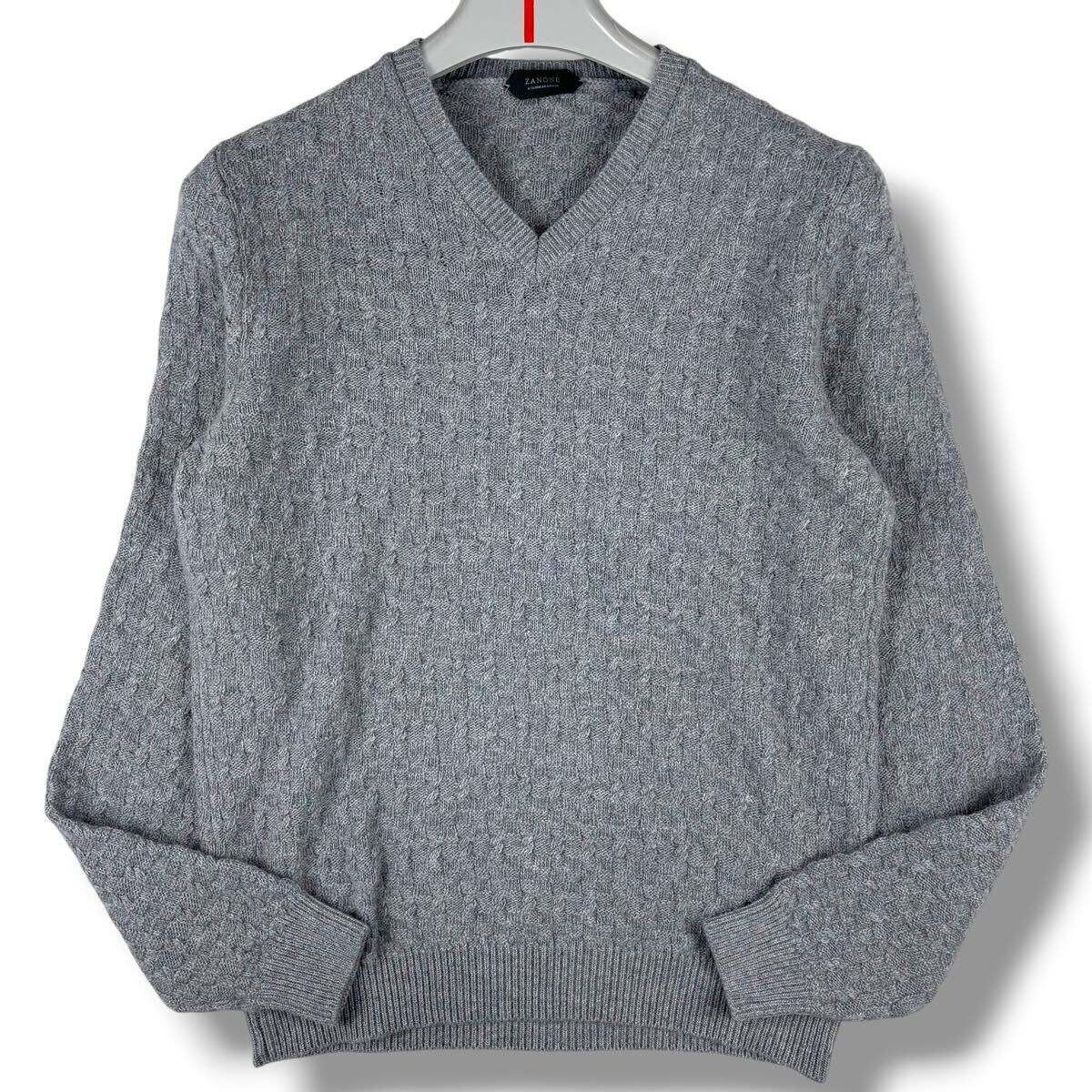 1円 美品 ザノーネ ZANONE 長袖ニットセーター アンゴラ混 立体編み 市松柄 総柄 ストレッチ イタリア製 メンズ グレー系 48 M~S拍卖