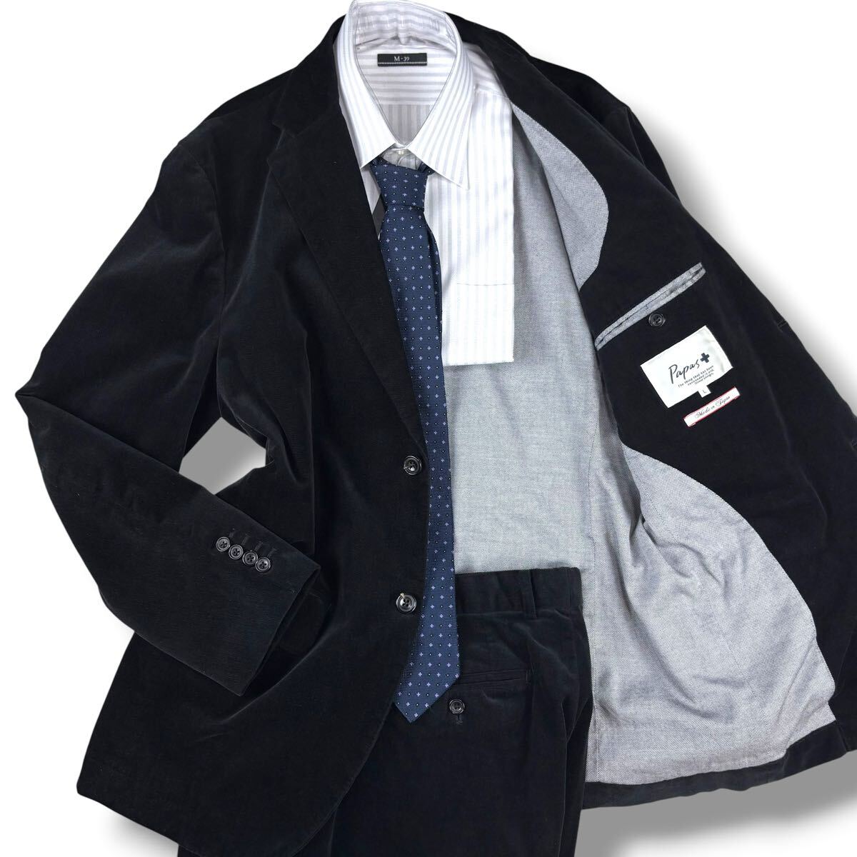 1円 美品 XL.LL~XXL.2XL パパス+ Papas PLUS スーツ セットアップ 2B アンコン 日本製 メンズ L ブラック系拍卖
