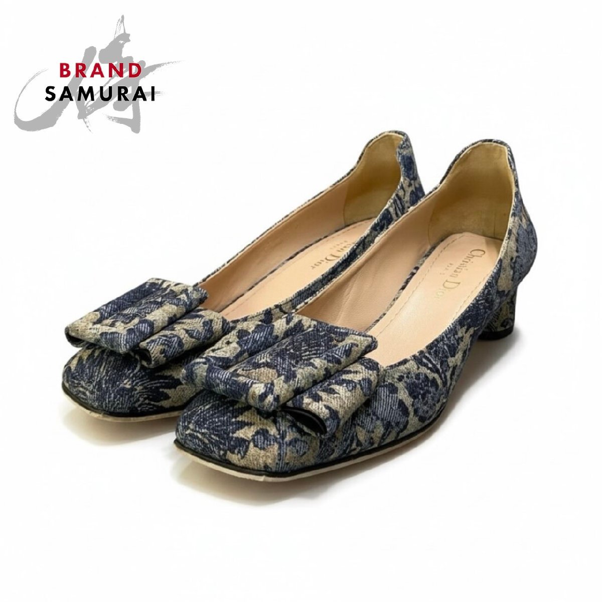 超美品 Christian Dior クリスチャンディオール Flower Printed Denim Bellet パンプス ブルー デニム パンプス レディース A3-00070拍卖