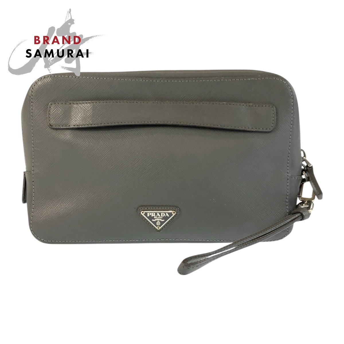 PRADA プラダ サフィアーノ 三角ロゴプレート グレー シルバー金具 レザー クラッチバッグ セカンドバッグ メンズ 600829拍卖