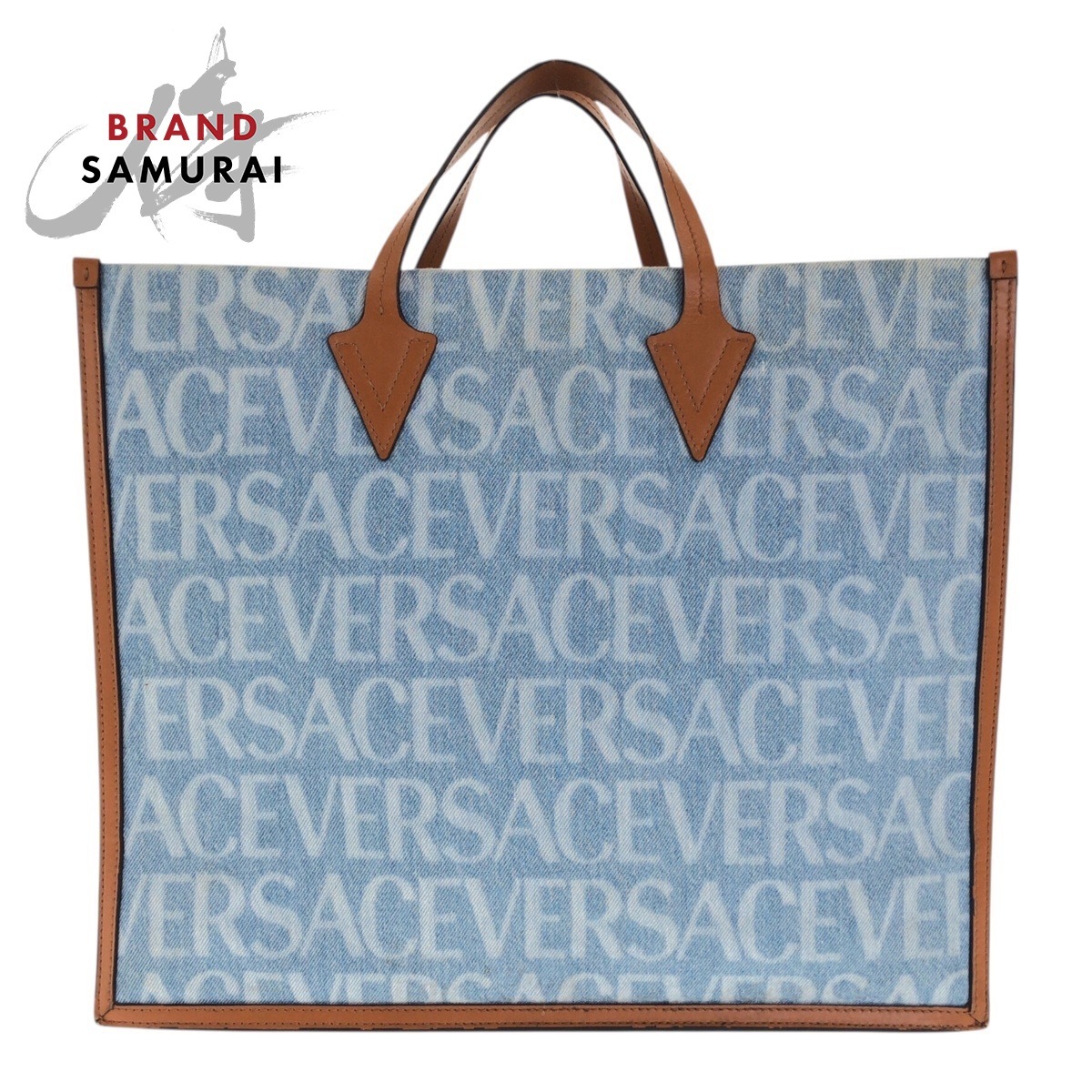 美品 VERSACE ヴェルサーチ オールオーバー デニム ブルー ブラウン キャンバス 1008913 トートバッグ ハンドバッグ レディース 505320拍卖