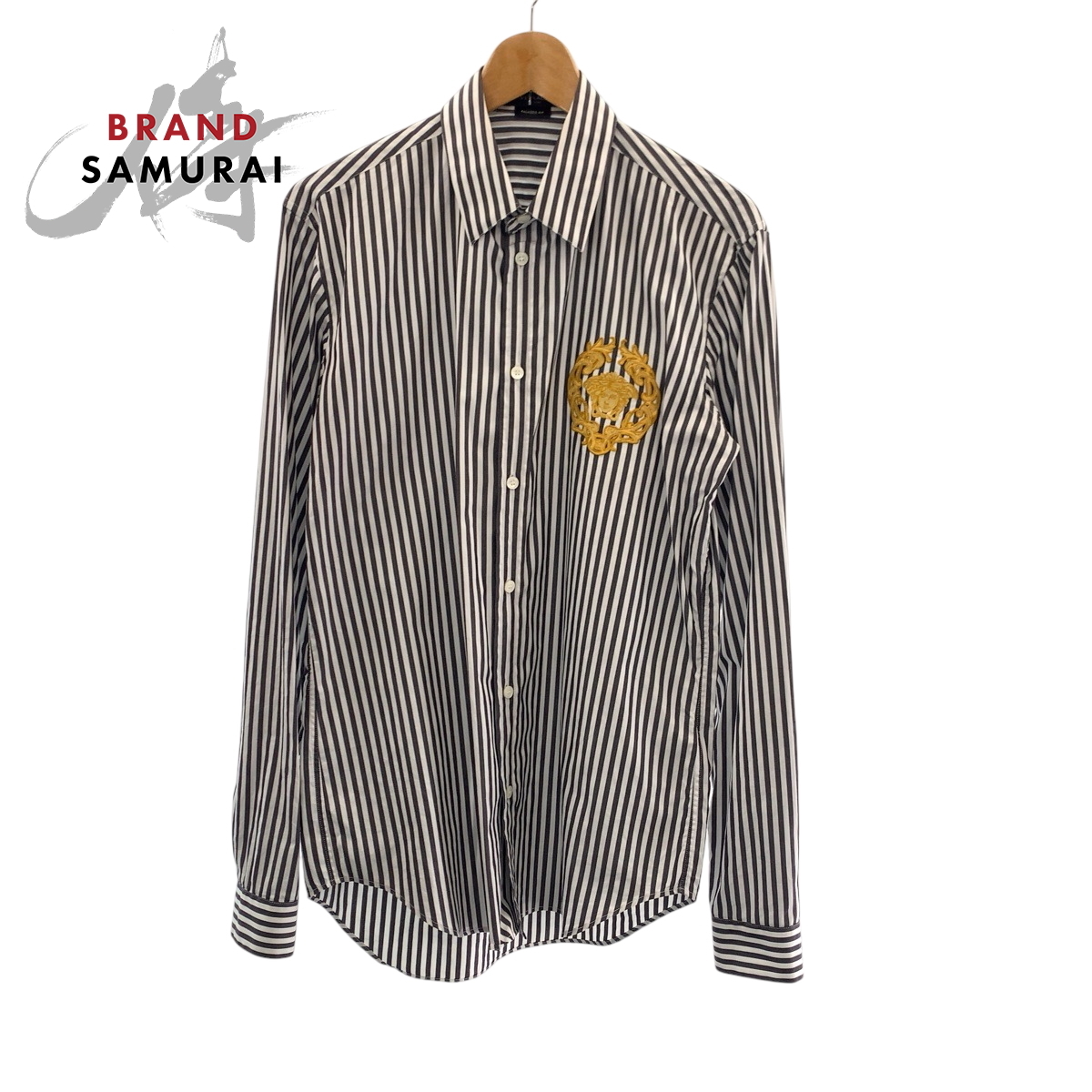 美品 VERSACE ヴェルサーチ メデューサ サイズ39 グレー ホワイト コットン A87413 長袖シャツ ストライプシャツ メンズ 506461拍卖