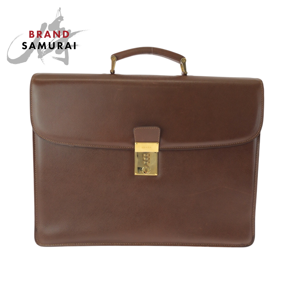 美品 PRADA プラダ ヴィンテージ サフィアーノ ブラウン ゴールド金具 レザー ビジネスバッグ ハンドバッグ メンズ 500907拍卖