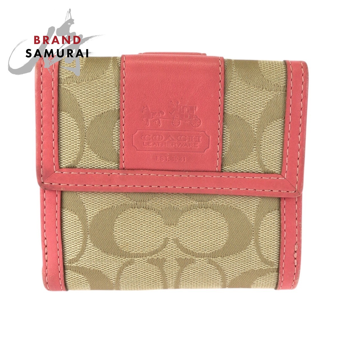 美品 COACH コーチ シグネチャー ピンク ベージュ ゴールド金具 キャンバス/レザー 折り財布 コンパクトウォレット レディース 600468拍卖
