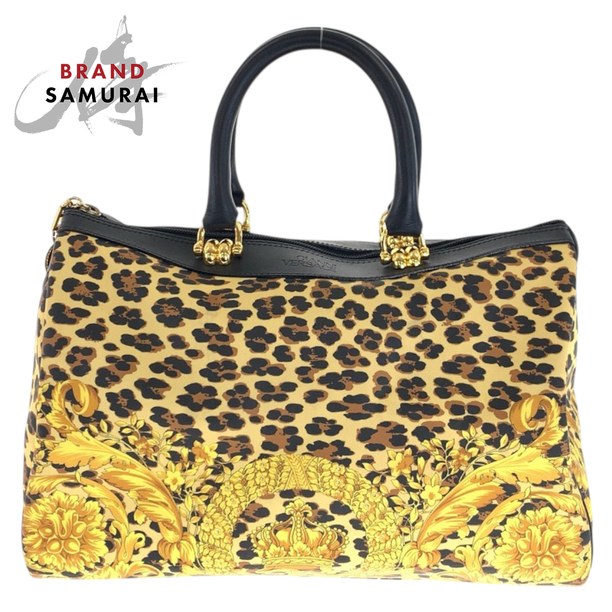 美品 VERSACE ヴェルサーチ ヴィンテージ レオパード イエロー ブラック ゴールド金具 PVC/レザー ハンドバッグ ミニボストンバッグ 600019拍卖