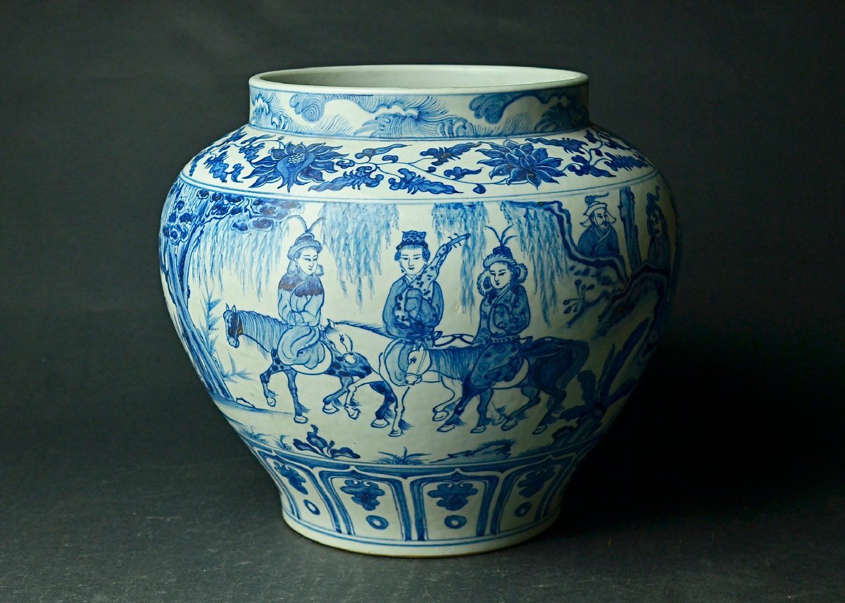青花昭君出塞図罐 横幅28.3cm 高29.6cm 6.9kg ★【YB】中国古玩骨董元染青花壺26Y511拍卖