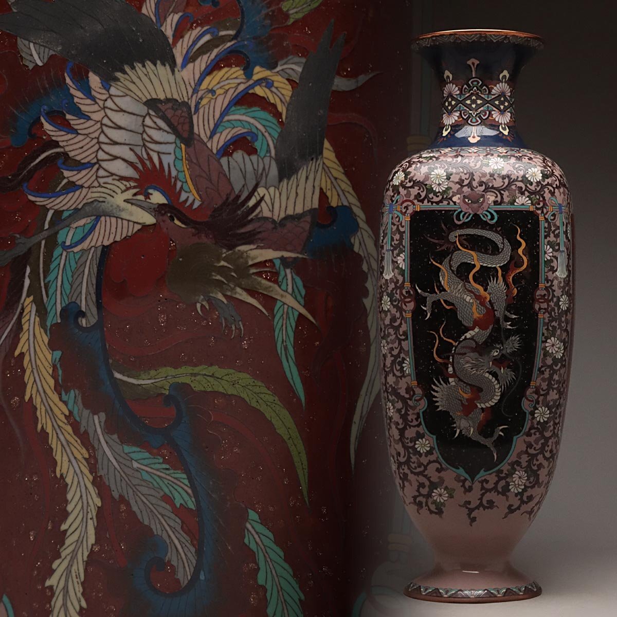 UV766 時代金工 明初期 大振 七宝龍鳳凰文角形大花瓶 高61cm / 重3750g 木箱・景泰藍龍鳳圖四方大瓶・七宝大瓶 唐物 中国古玩 古美術拍卖