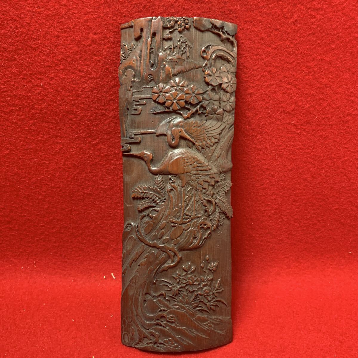 【友】中国古美術 彫刻 腕枕 竹腕枕 竹臂擱 鶴松彫図茶合 竹茶則 竹茶量 /古玩書道具茶道具k6-071拍卖