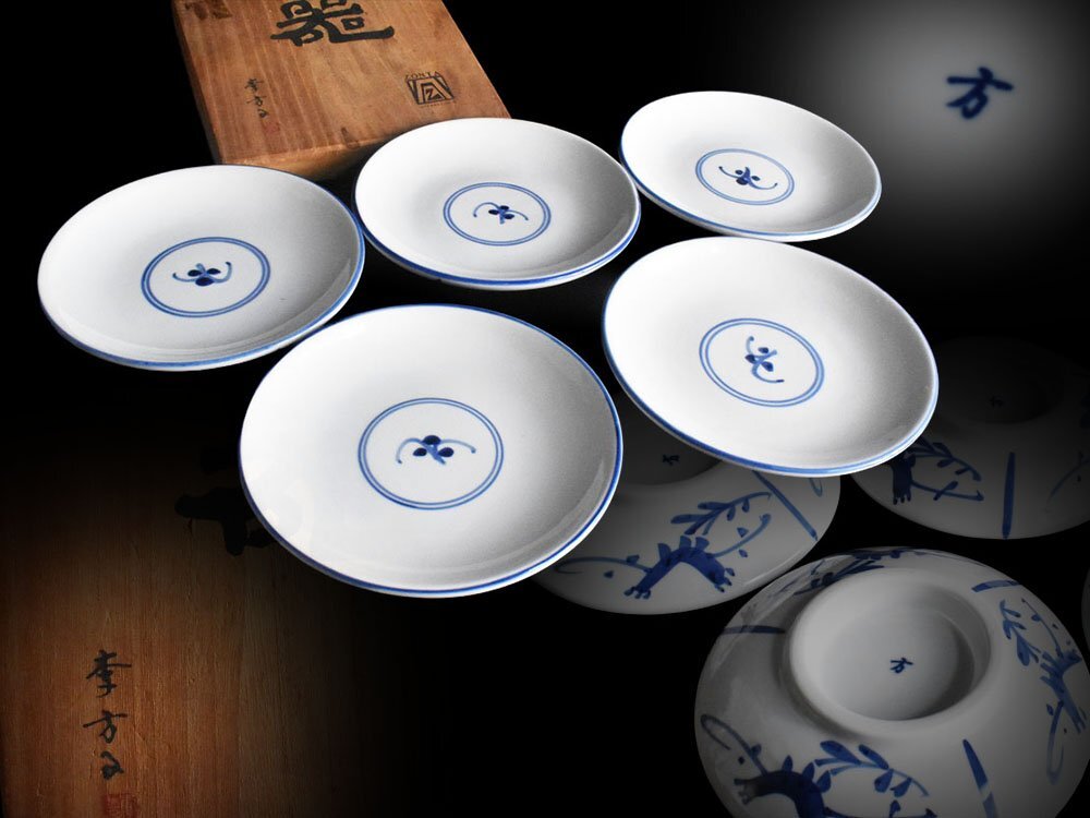 【雲】某名家収蔵品 韓国 李朝 李方子 染付 花絵付 皿 5客 共箱 古美術品(朝鮮美術 懐石料理道具)Y9013 UTdsaw拍卖