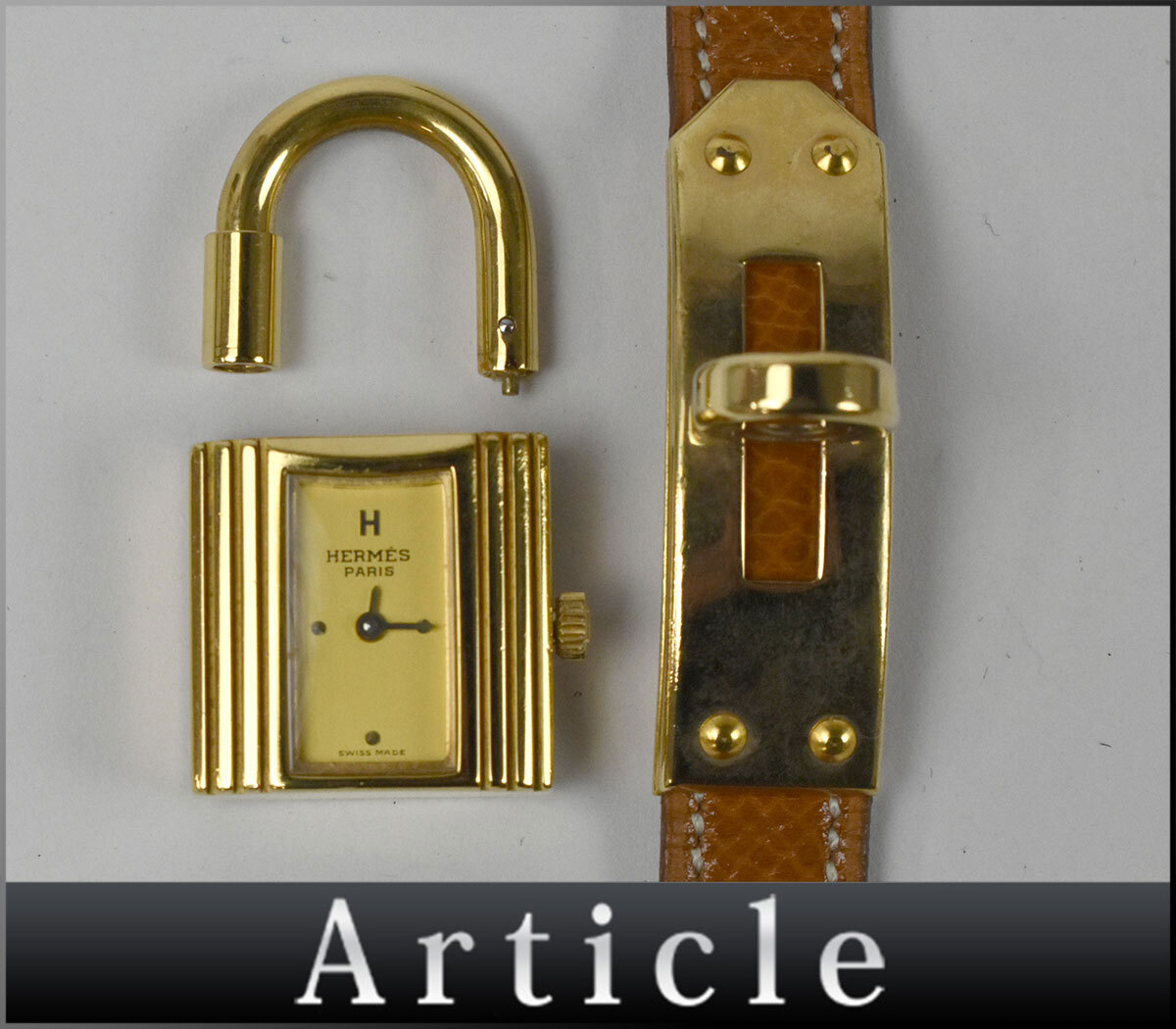 198440■動作未確認 破損あり HERMES エルメス ケリーウォッチ 腕時計 クォーツ 2針 P刻印 GP 革 ゴールド ブラウン レディース/ D拍卖
