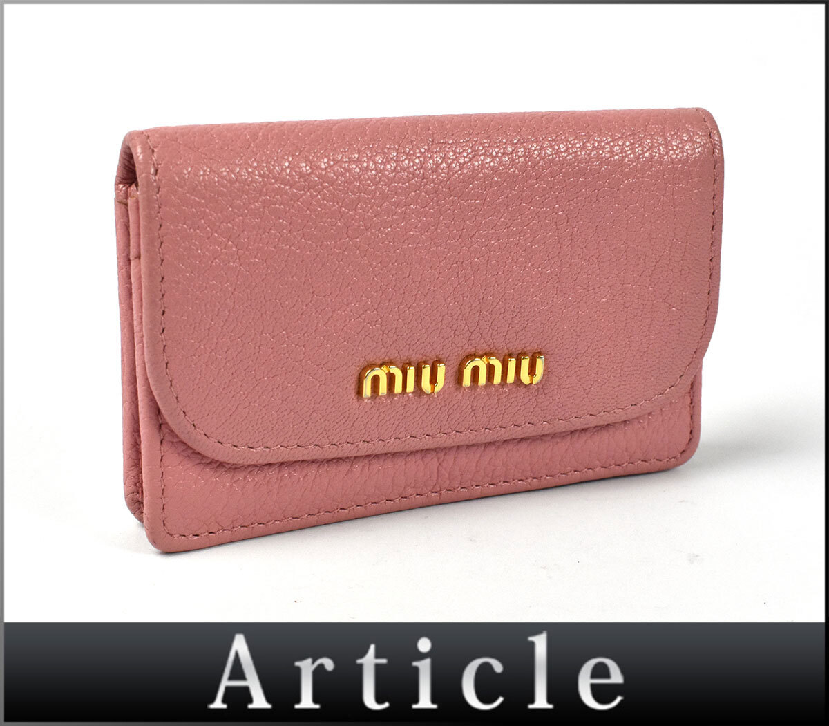 227241◇美品 MIUMIU ミュウミュウ カード入れ 名刺入れ カードケース パスケース レザー 革 ピンク ゴールド金具 レディース 小物/ C拍卖