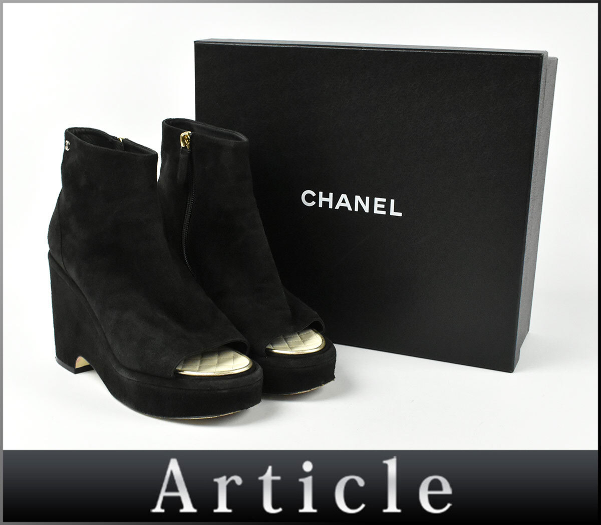 257011◇ CHANEL シャネル オープントゥ ココマーク ショート ブーツ 靴 ヒール サイズ39C スエード ブラック レディース 箱付/ F拍卖