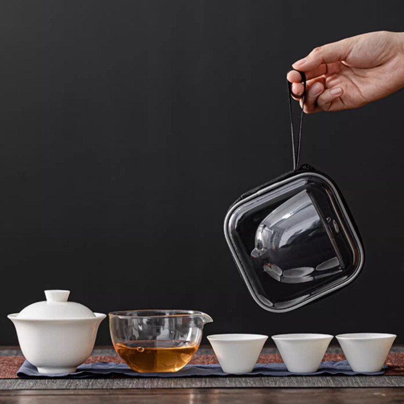 新入荷 旅行茶具 茶道具 茶道 煎茶 茶器 蓋碗 茶杯 公道杯 ケース 4点セット拍卖