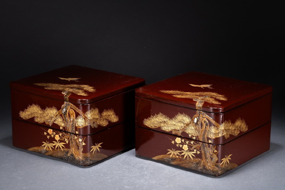 【雲錦】時代漆器 松竹梅 鶴 高蒔絵 螺鈿 二段重箱 一対 溜塗 漆芸 お正月 御祝い 漆器 重箱 弁当箱0525-215S05 拍卖