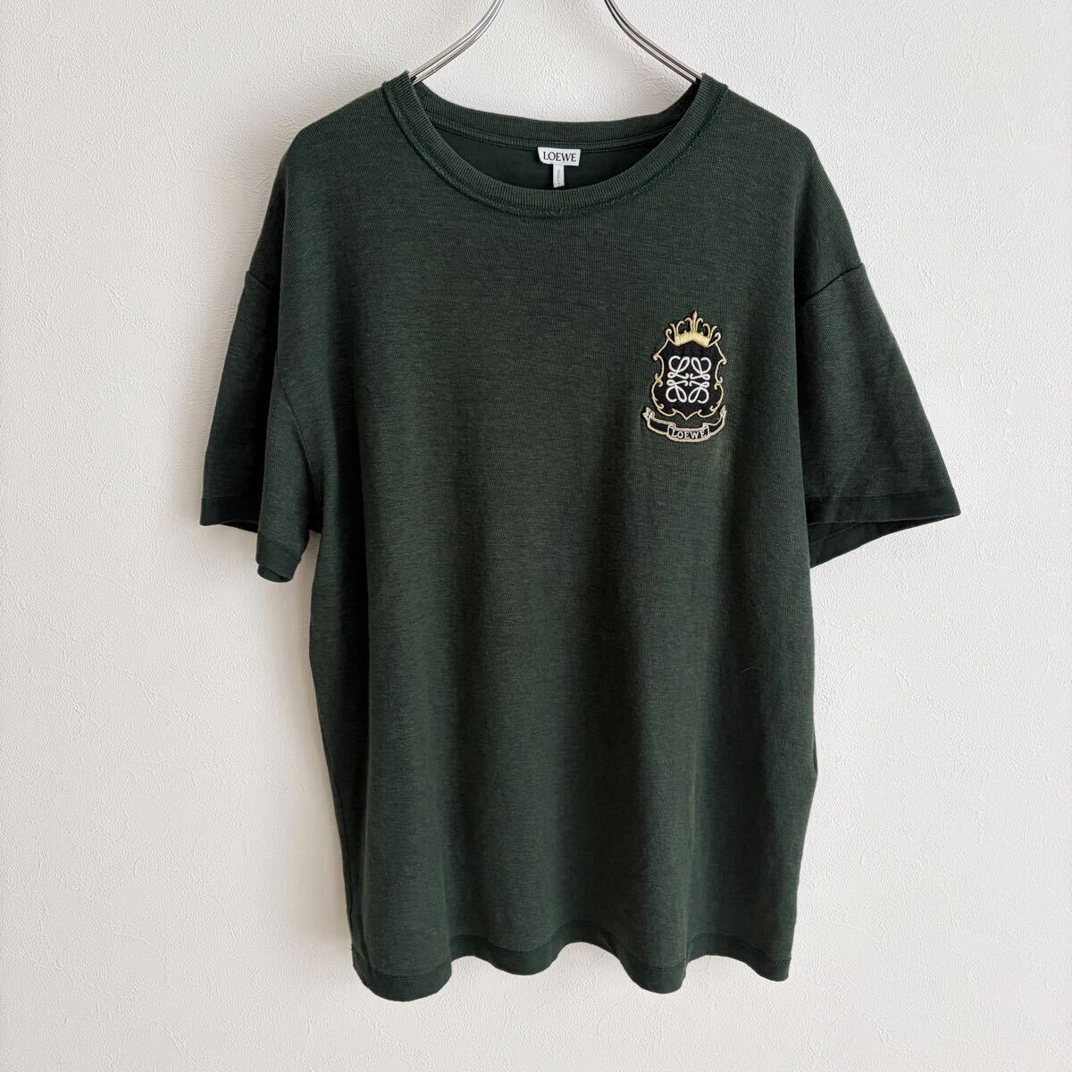 【美品】LOEVE ロエベ tシャツ リネン混 アナグラム刺繍 ロゴ メンズ オーバーサイズ 半袖 M グリーン 国内正規品 【大人の高級素材】拍卖