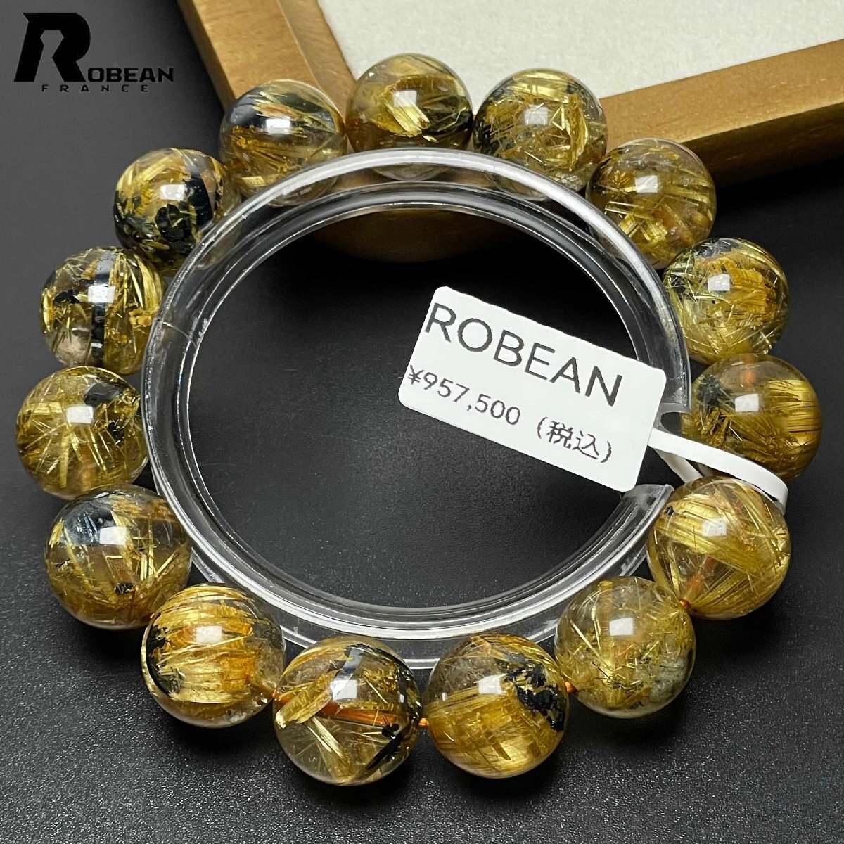 【限定一点】EU製★ROBEAN・太陽花タイチンルチル★黄金針水晶 金運 開運 ブレスレット パワーストーン 13.7-14.5mm D0520642拍卖