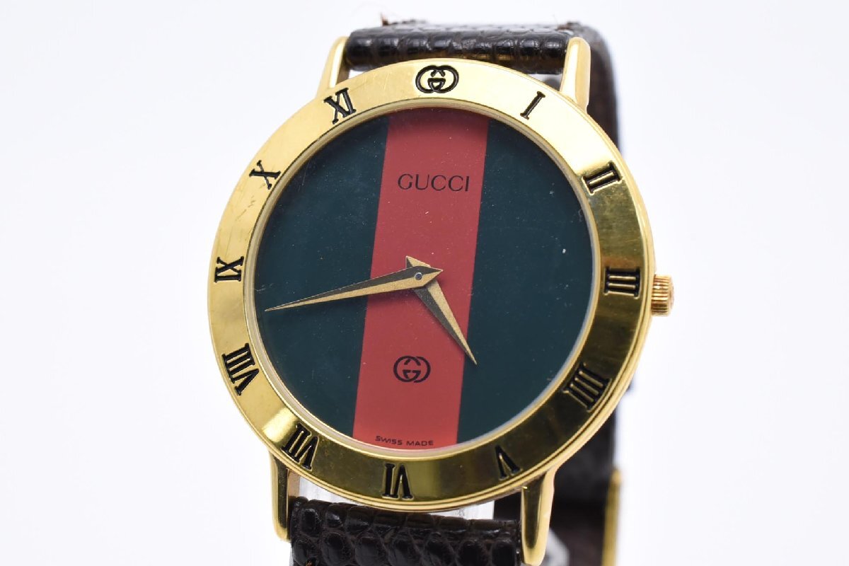 GUCCI グッチ 3000 M グリーン/レッド 2針 ラウンド Quartz メンズ 腕時計 革ベルト ゴールド ヴィンテージ アンティーク拍卖