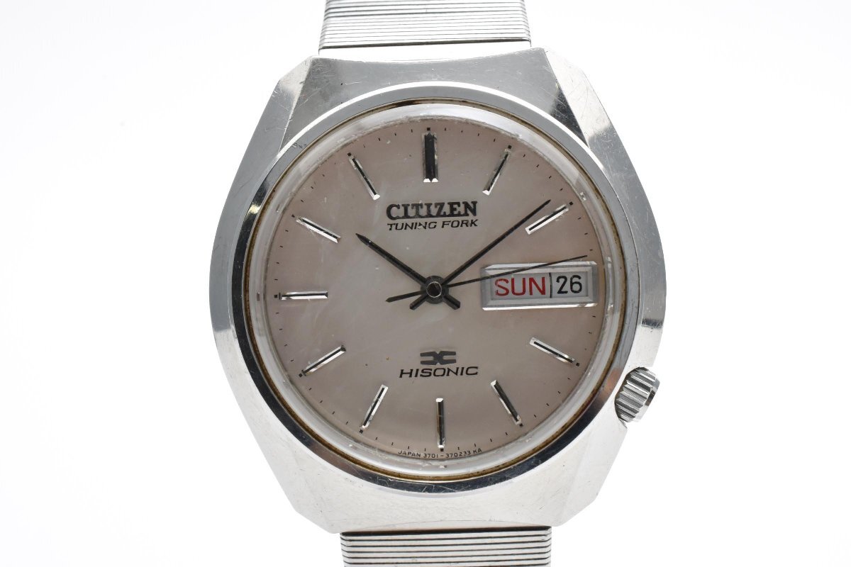 シチズン チューニングフォーク ハイソニック 3701-370121Y 3針 デイデイト SS 音叉式 メンズ 腕時計 CITIZEN HISONIC拍卖