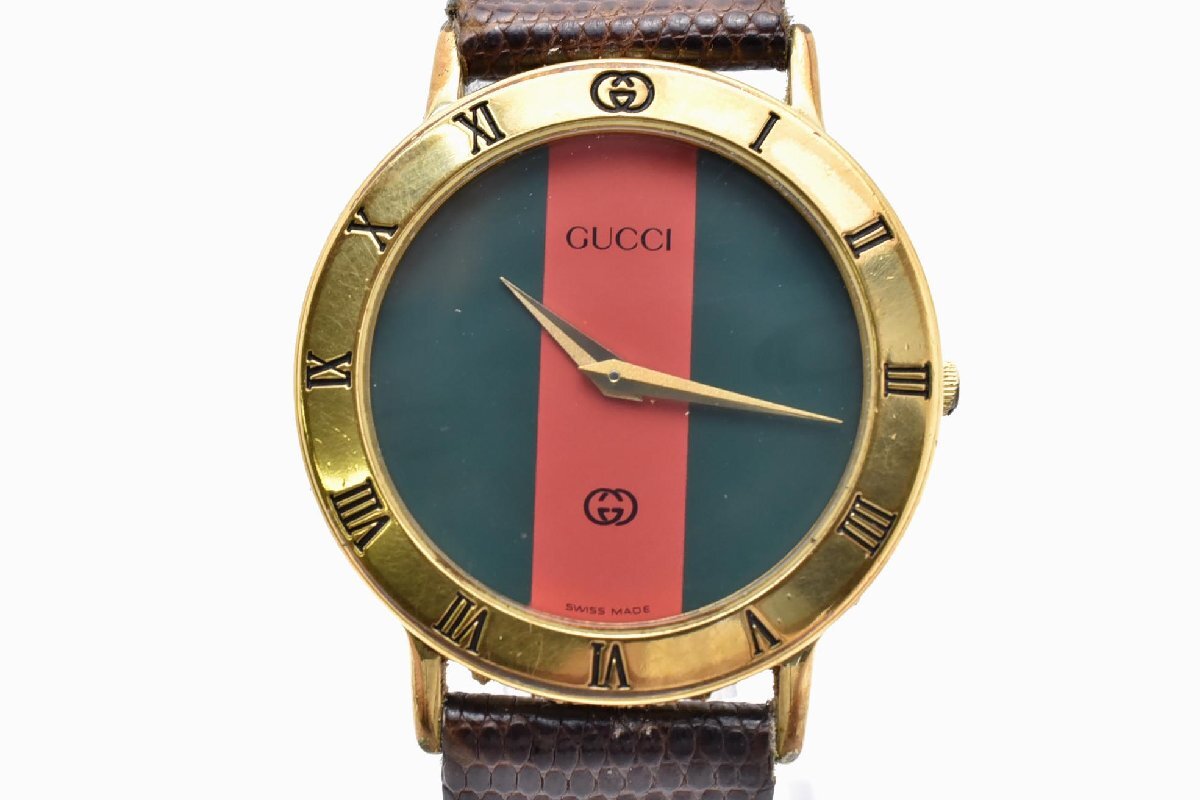 GUCCI グッチ 3000 M グリーン 2針 ラウンド Quartz メンズ 腕時計 革ベルト ゴールド アンティーク ヴィンテージ拍卖