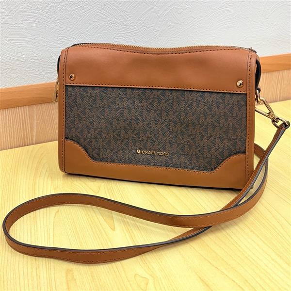 1円出品 MICHAEL KORS マイケルコース MKシグネチャー ハリソン レザー ショルダーバッグ ブランド レディース ブラウン系 バイカラー 6491拍卖