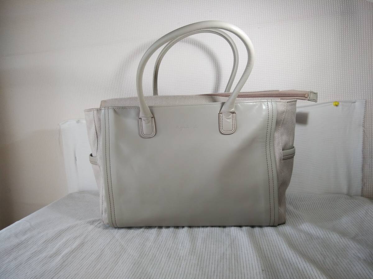 ★美品★14M4433C★ハンドバッグ★ 革部分ホワイトグレー系 agnis b. アニエスべ‐本革×キャンバス 非常に綺麗です拍卖