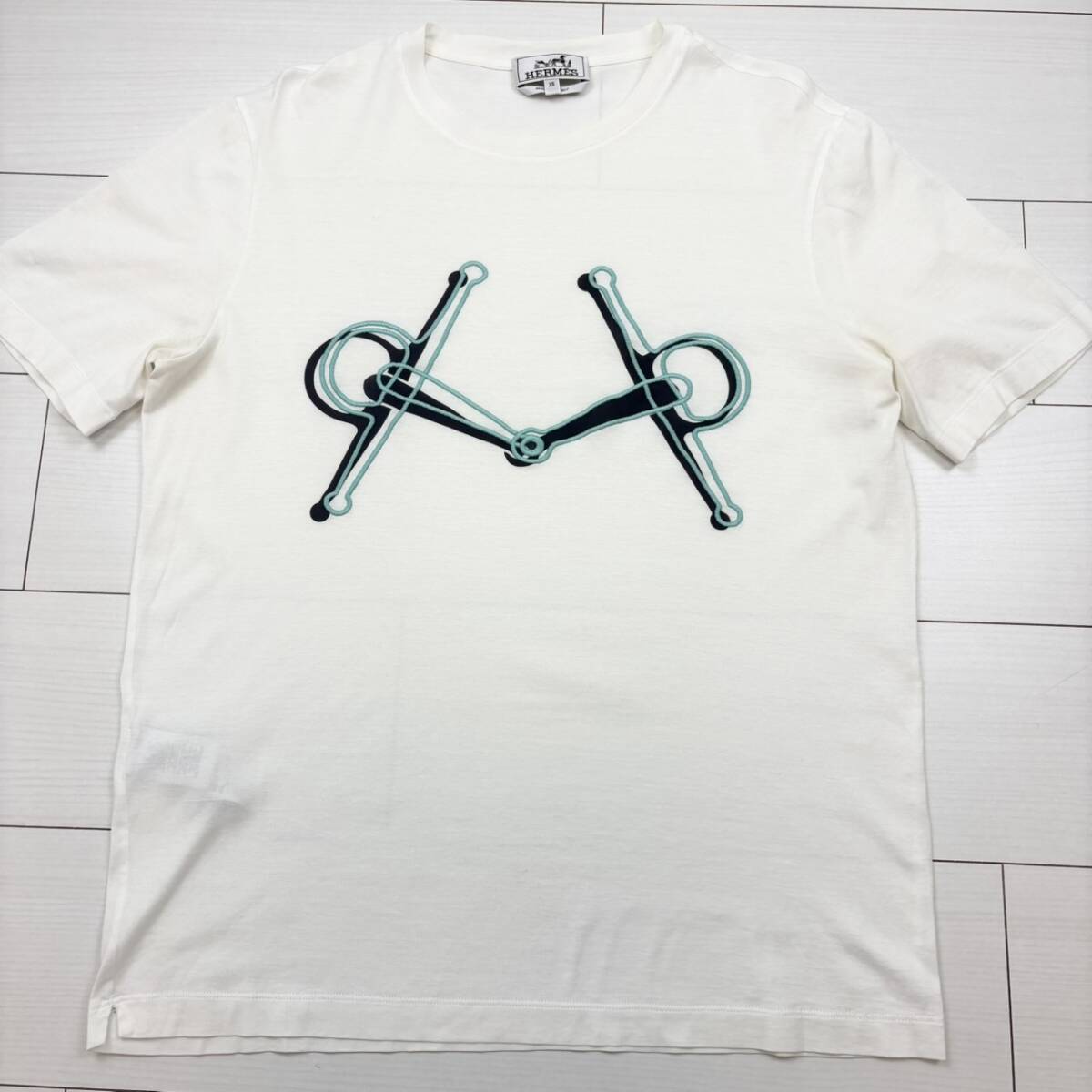 15『極美品・現行タグ』 HERMES エルメス メンズ ビッグロゴ 刺繍 ホースビット 半袖 Tシャツ トップス ホワイト 白 S相当拍卖
