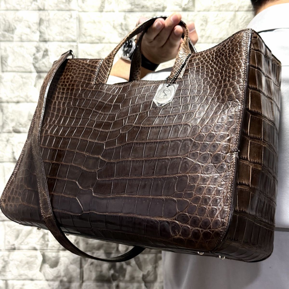 美品/A4収納◎ JRA認定 マットクロコ 2way メンズ ビジネス クロコダイル トートバッグ 肩掛け センター取り ワニ革 鰐革 エキゾチック拍卖