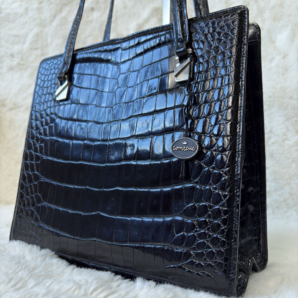 121. COMTESSE コンテス 西ドイツ製 シャイニングクロコダイル 鰐革 ハンドバッグ W.GERMANY ヴィンテージ エキゾチックレザー レディース拍卖