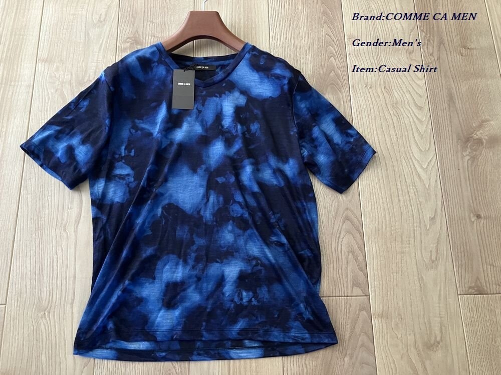 新品 COMME CA MEN コムサメン ラミー天竺 ムラ染風プリント半袖Tシャツ 09ネイビー Lサイズ 42TG28 定価16,500円拍卖