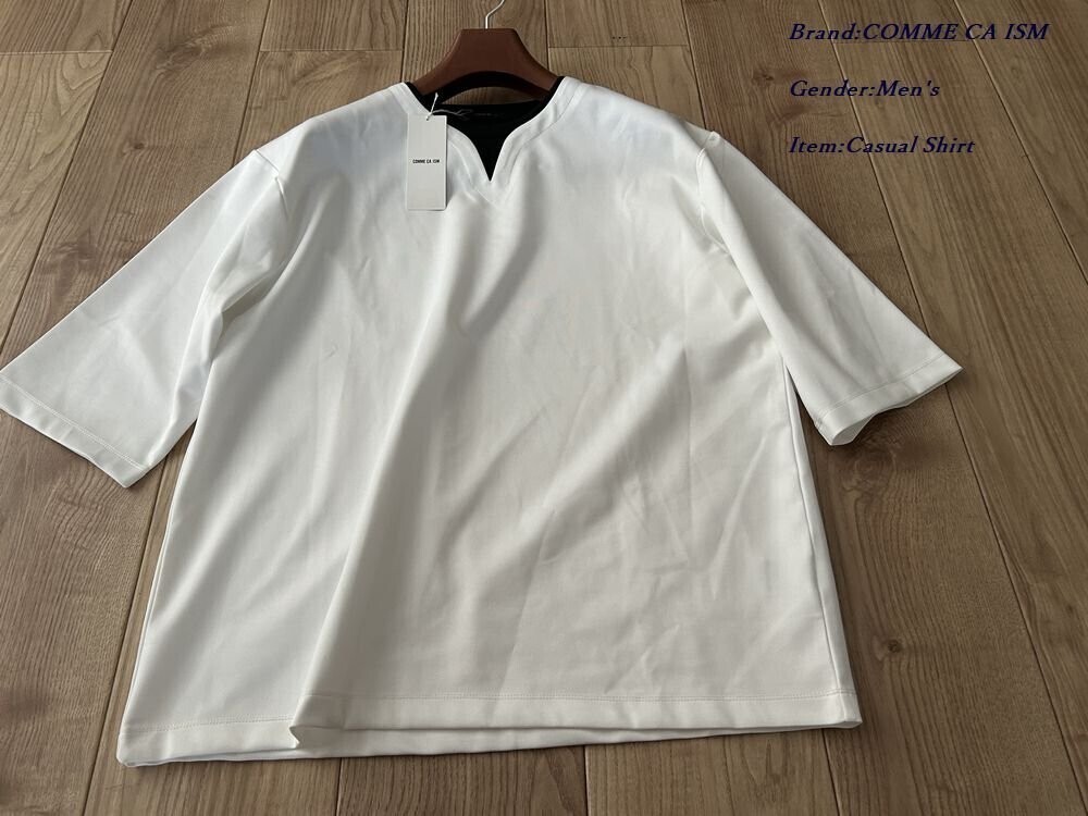 新品訳有り COMME CA ISM MEN コムサイズム フェイクレイヤード キーネック 七分袖Tシャツ 01ホワイト Mサイズ 60TK07 定価3,900円拍卖