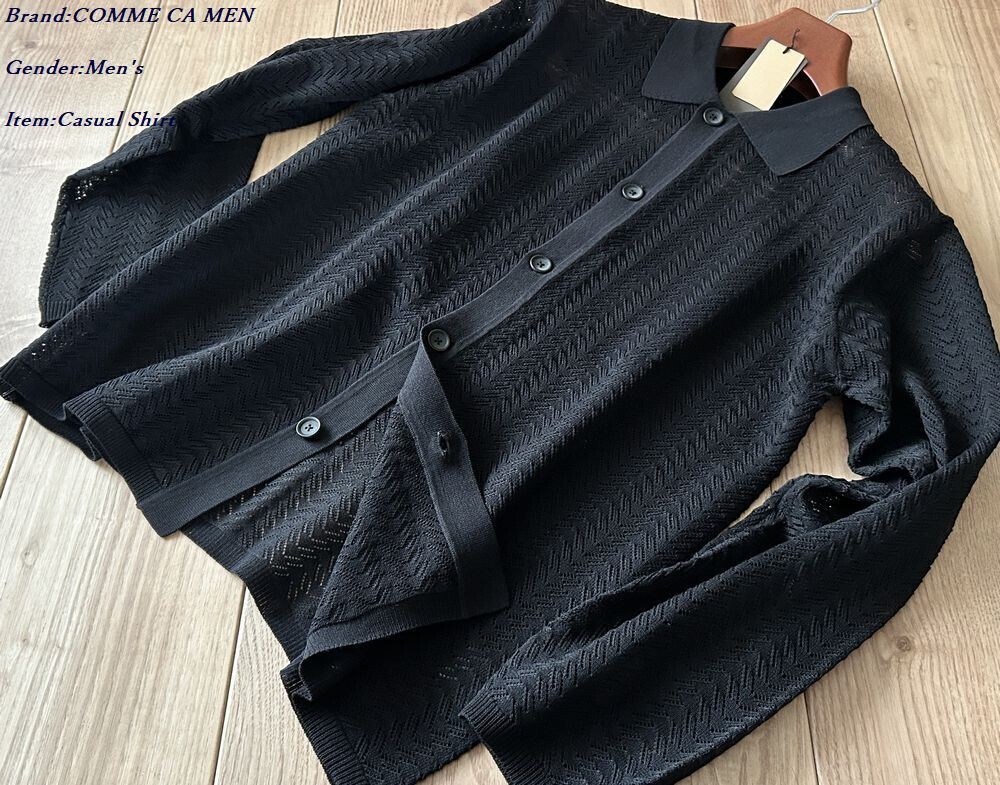 新品 COMME CA MEN コムサメン 透かし編み ポロカーディガン 05ブラック Lサイズ 39KO06 定価22,000円拍卖