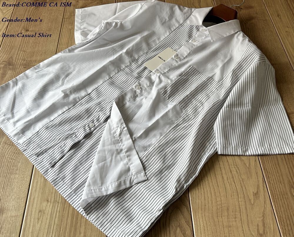 新品訳有り COMME CA ISM MEN コムサイズム メン タイプライター×ストライプ コンビ半袖シャツ 01ホワイト Mサイズ 33IK12 定価5,900円拍卖