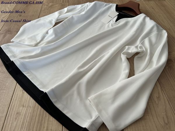 新品 COMME CA ISM MEN コムサイズム タテ畝 ストレッチポンチ キーネックTシャツ 01ホワイト Lサイズ 60TI03 定価4,400円拍卖