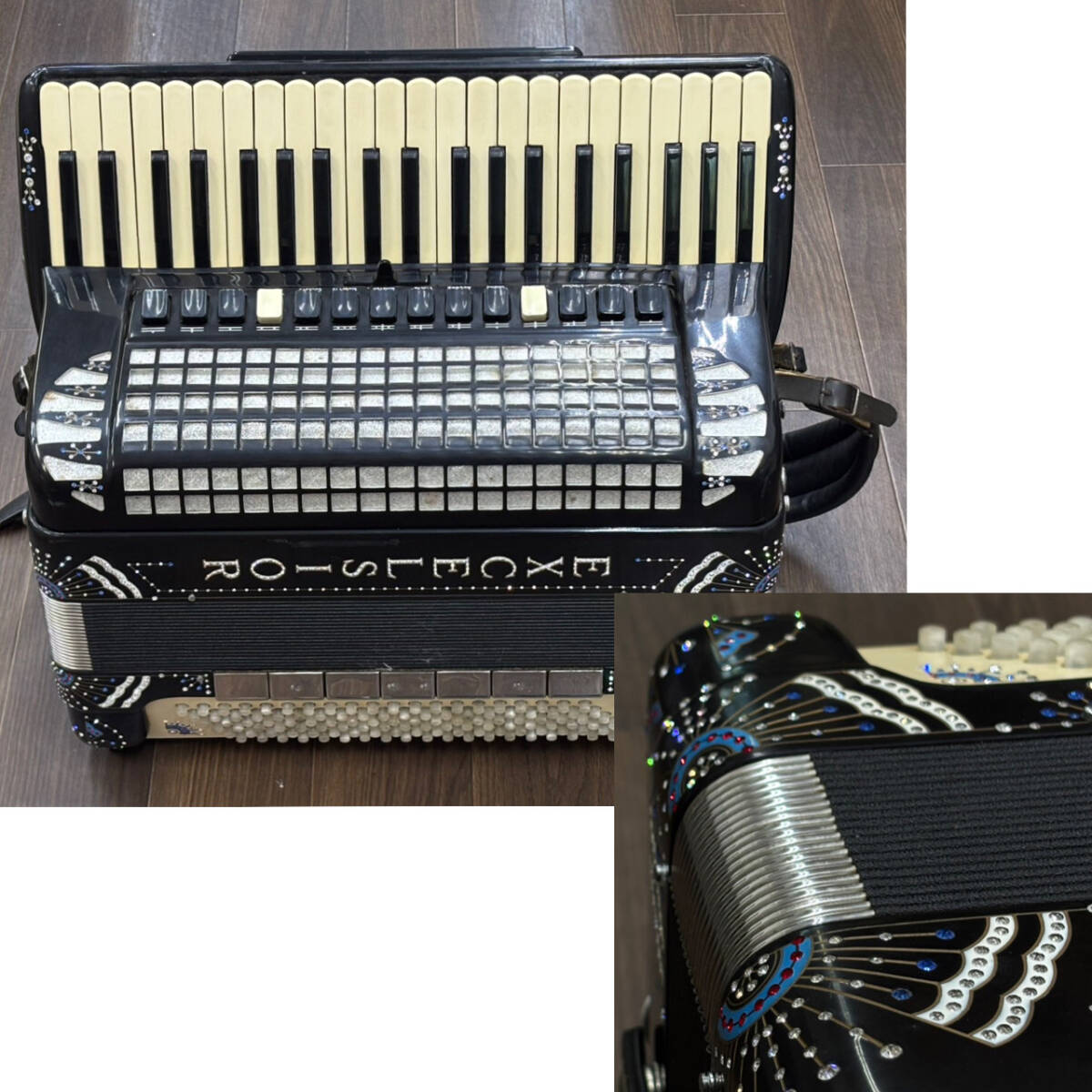 0617-04◆貴重 EXCELSIOR アコーディオン model960 41鍵 120ベース ストーン装飾 黒ブラック プロ仕様 エキセルシァー ビンテージ イタリア拍卖