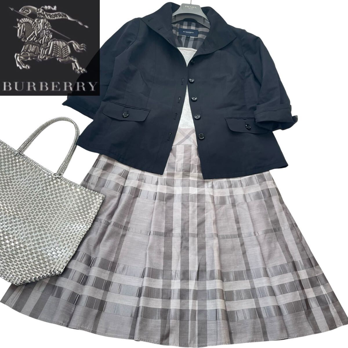 ◆大きいサイズ◆美品◆バーバリー◆BURBERRY 46/15号/XL-3L シャドーチェックがリンク☆2wayジャケット&シルク混スカートフォーマルスーツ拍卖