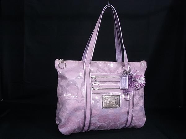 1円 ■美品■ COACH コーチ 14536 シグネチャー ポピー スパンコール×レザー トートバッグ ショルダー 肩掛けかばん ピンク系 GE0537拍卖