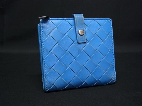 1円 BOTTEGA VENETA ボッテガヴェネタ イントレチャート レザー 二つ折り 財布 ウォレット 小銭入れ 札入れ カード入れ ブルー系 FX7415拍卖
