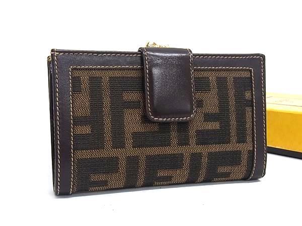 1円 ■美品■ FENDI フェンディ ヴィンテージ ズッカ柄 キャンバス×レザー がま口 二つ折り財布 ウォレット 札入れ ブラウン系 FX7729拍卖