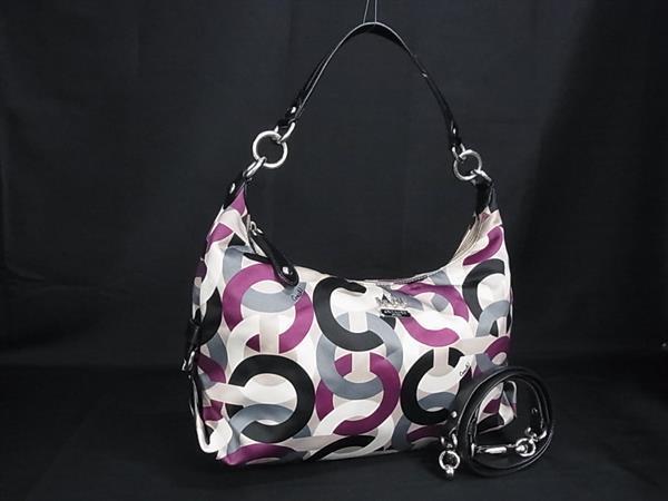 1円 COACH コーチ 14291 オプアート ナイロン 2WAY クロスボディ ショルダー ハンドバッグ 肩掛け パープル系×マルチカラー GE0482拍卖