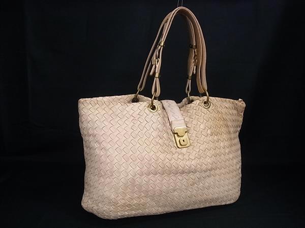 1円 BOTTEGA VENETA ボッテガヴェネタ イントレチャート レザー ハンドバッグ トート ショルダー 肩掛け ピンクベージュ系 GE0565拍卖