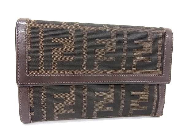 1円 FENDI フェンディ ズッカ柄 キャンバス×レザー 三つ折り 財布 ウォレット 小銭入れ 札入れ ブラウン系×ブラック系 FW5677拍卖