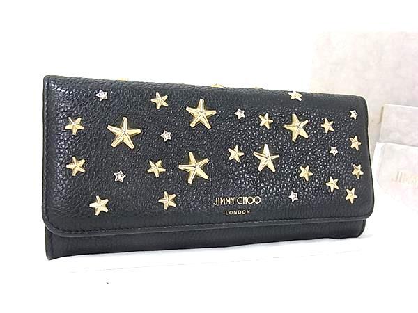 1円 ■美品■ JIMMY CHOO ジミーチュウ ニノ スタースタッズ レザー 二つ折り 長財布 ウォレット 小銭入れ ブラック系 HC1073拍卖