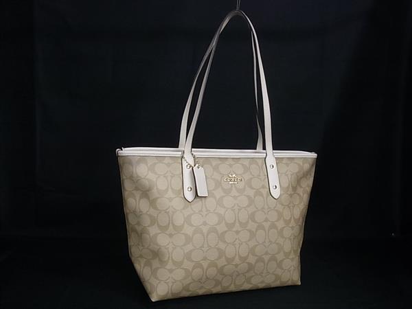 1円 ■美品■ COACH コーチ F58292 シグネチャー PVC トートバッグ ショルダーバッグ 肩掛け レディース ベージュ系×ホワイト系 HA8456拍卖