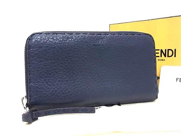 1円 FENDI フェンディ 8M0374 セレリア レザー ラウンドファスナー 長財布 ウォレット 札入れ 小銭入れ カード入れ ネイビー系 BU0751拍卖