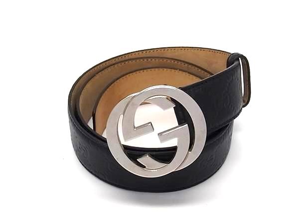 1円 ■美品■ GUCCI グッチ 114984 525040 インターロッキングG グッチシマ レザー シルバー金具 ベルト サイズ 95・38 ブラック系 FX8967拍卖